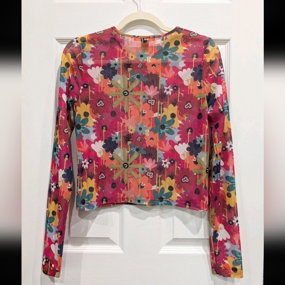 Forever 21 Womens Floral Mesh Top Festival M Rave Dopamine Long Sleeve Retro - Picture 6 of 11